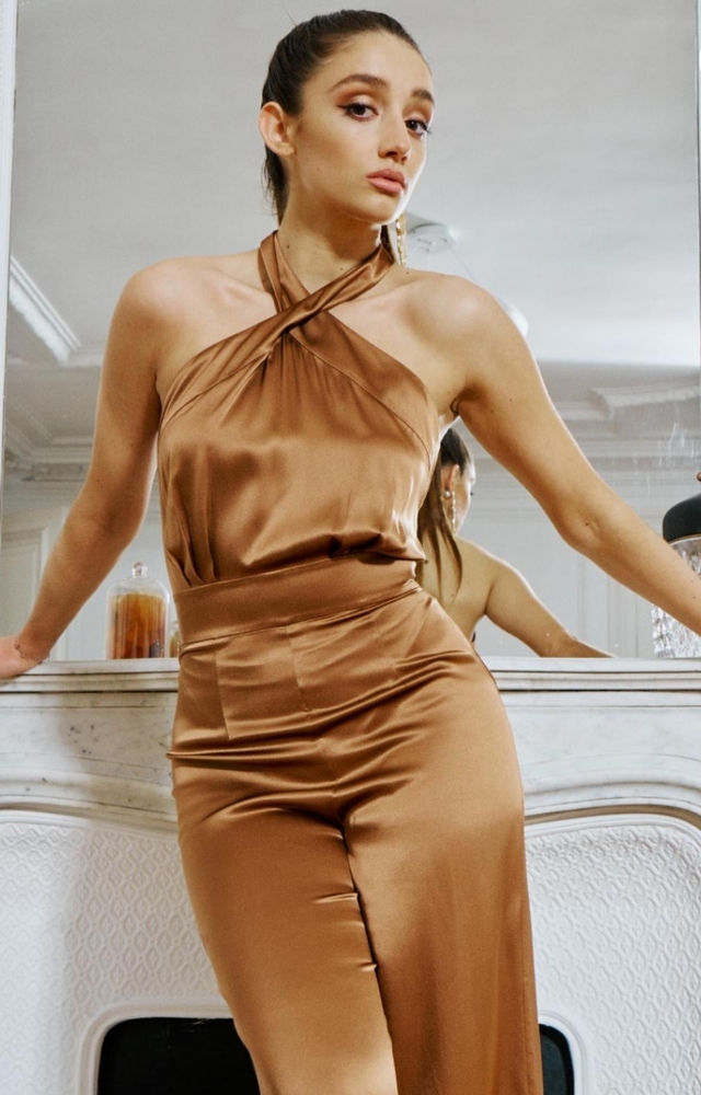 NWT Silk Maison Cross Halter Silk Jumpsuit